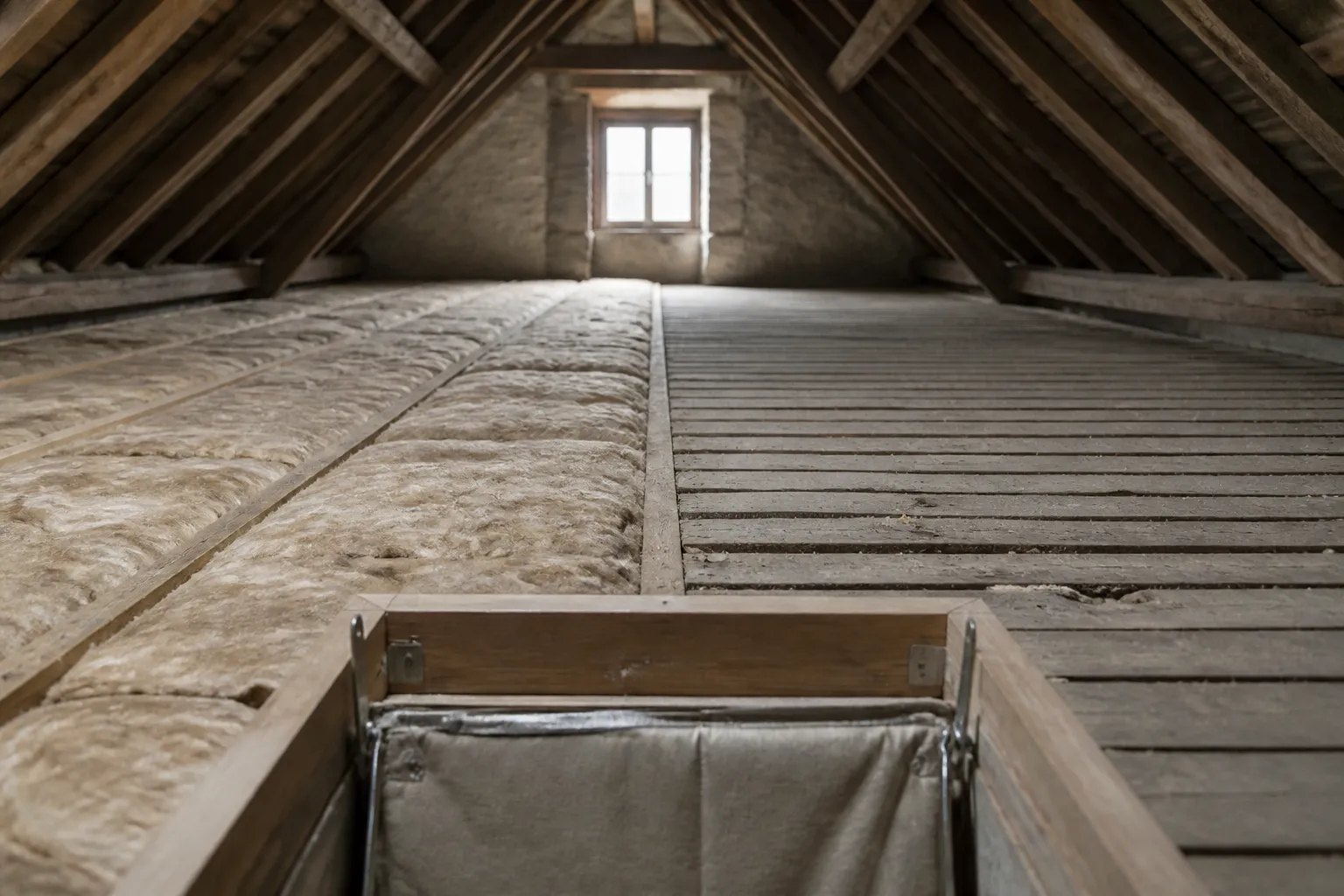 Combles d’une maison ancienne en cours d’isolation vus depuis la trappe d’accès ouverte : isolant déroulé entre les solives sur la moitié gauche, plancher de comble encore nu à droite, pannes et chevrons de bois au-dessus
