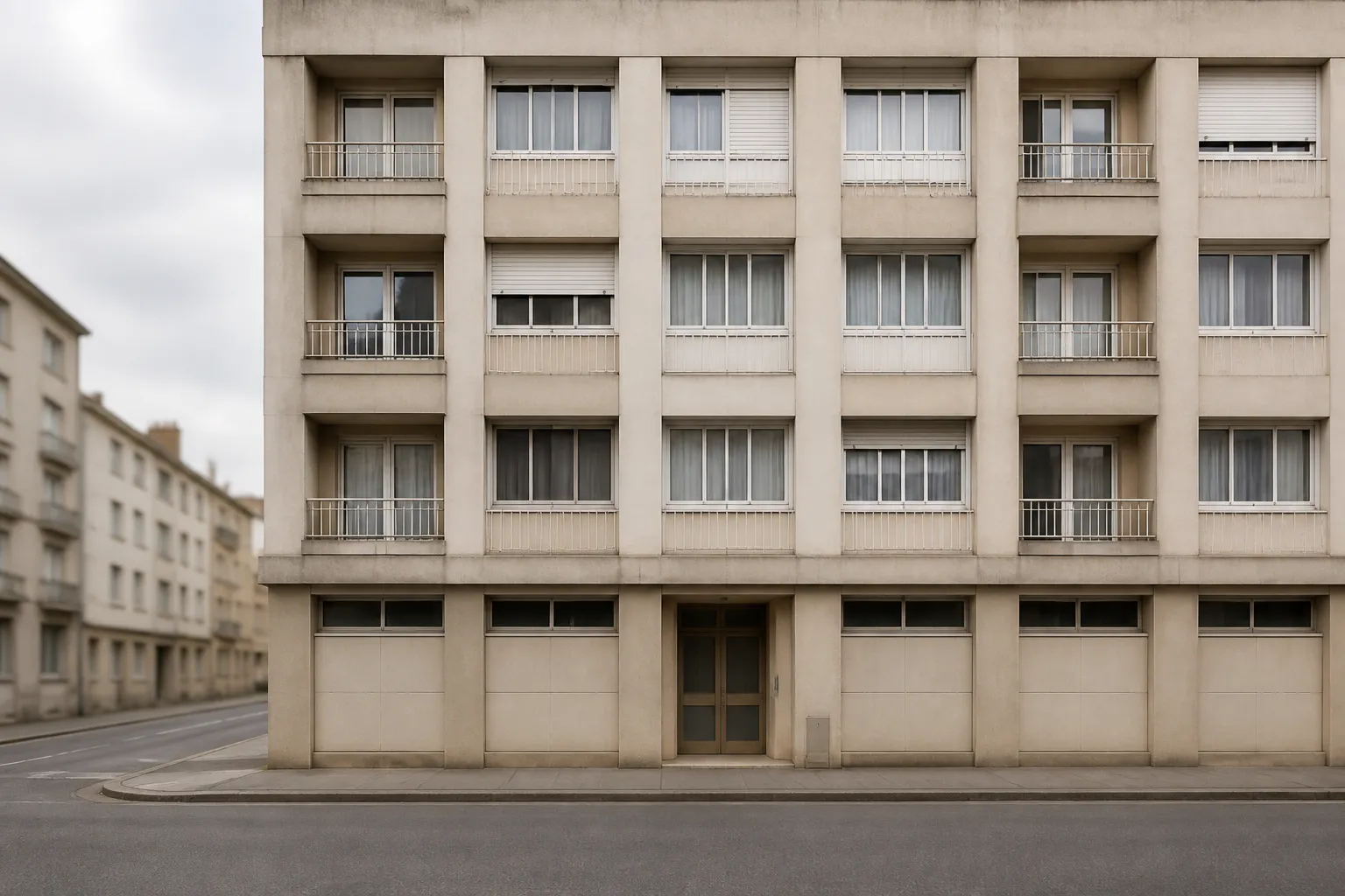 Façade d’un immeuble d’habitation d’après-guerre en béton vue depuis le trottoir d’en face : au rez-de-chaussée, des poteaux carrés pleins portent la construction et laissent entre eux des panneaux de remplissage plus minces