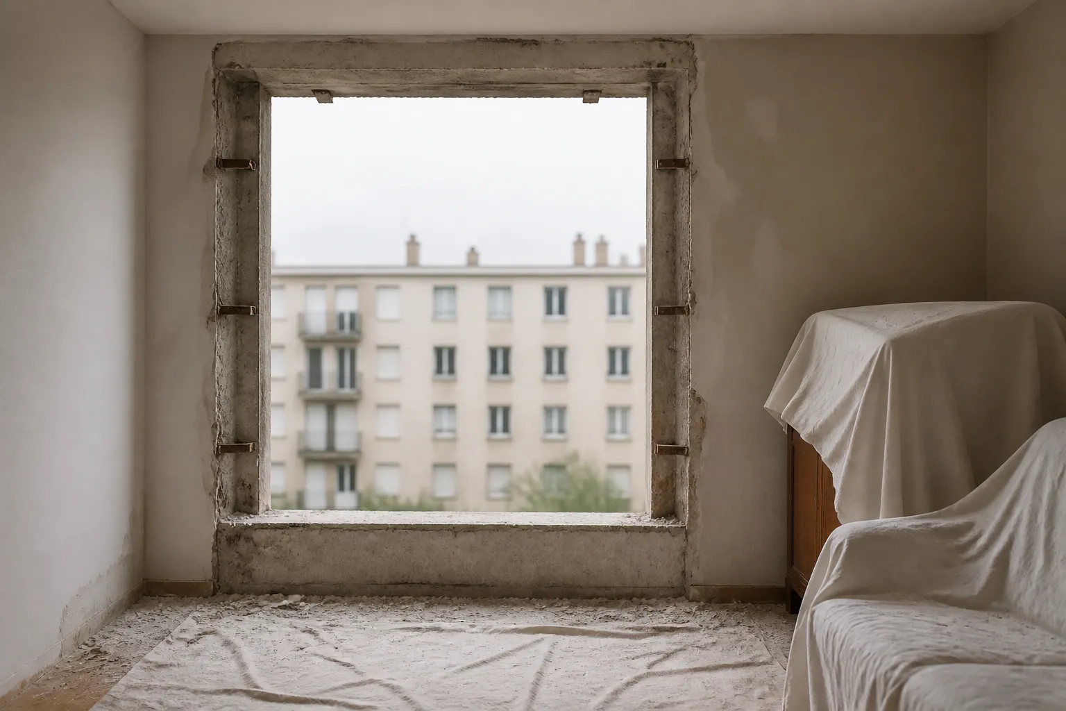 Tableau de baie mis à nu après dépose de l’ancienne menuiserie dans un logement habité : jambages, linteau et appui en béton apparent, anciennes pattes de scellement encore fichées, mobilier protégé par un drap à droite