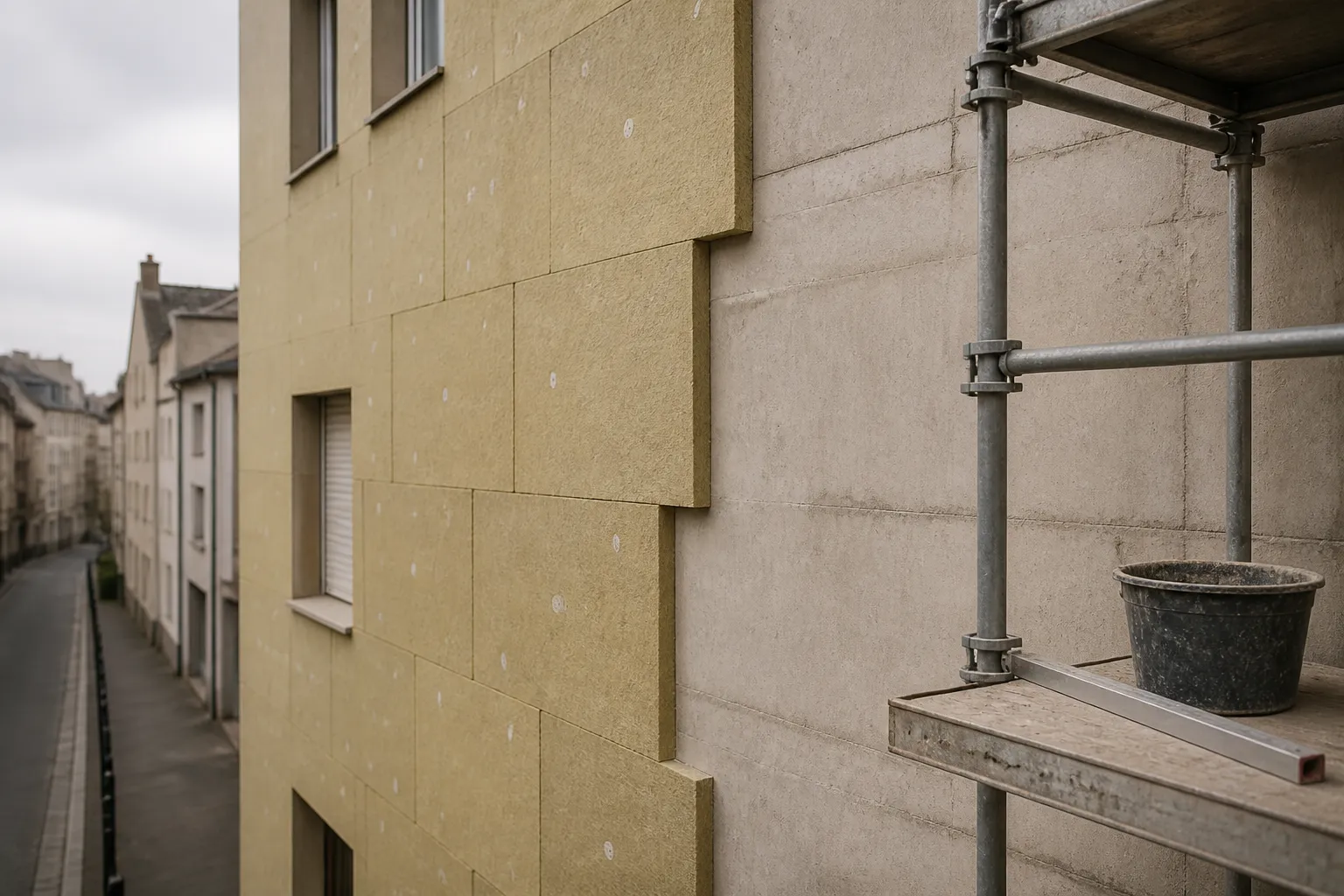 Isolation par l’extérieur en cours sur la façade en béton d’un immeuble : la moitié gauche du mur est couverte de panneaux isolants calés bord à bord, la moitié droite est encore en parement nu, montants d’échafaudage en bord de cadre