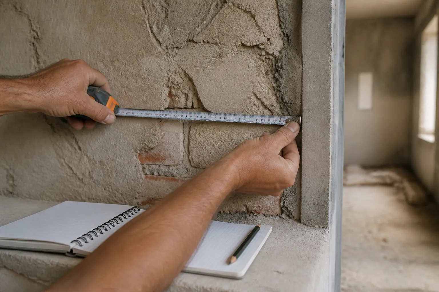Deux mains d’artisan coupées aux poignets déployant un mètre ruban en travers d’un mur de remplissage mis à nu, jusqu’à l’arête d’un poteau de béton, carnet à spirale ouvert posé sur un appui de fenêtre