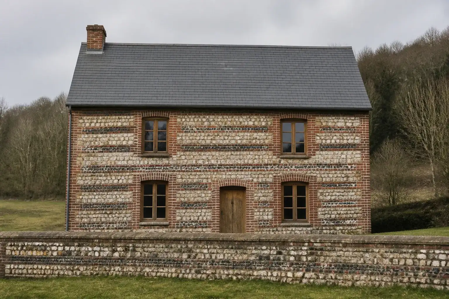 Façade d’une maison rurale du pays de Caux en appareillage mixte : moellons de pierre calcaire claire, assises de brique et rognons de silex noir taillés posés en lits réguliers, encadrements de baies en brique