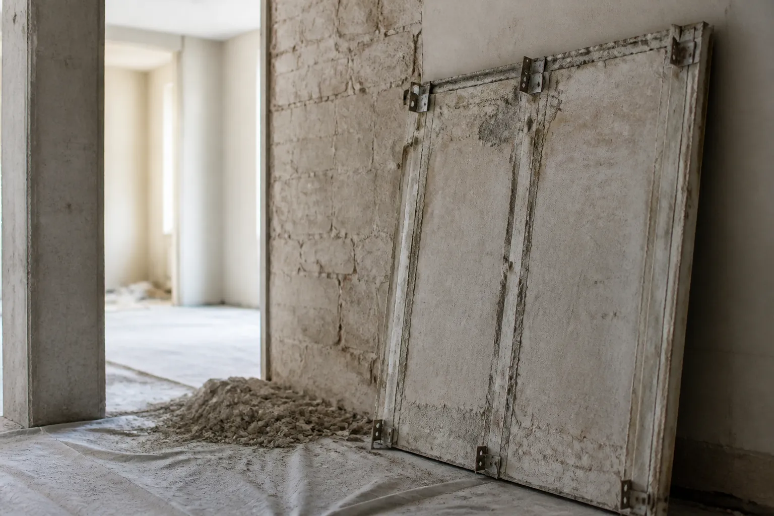 Mur de remplissage mis à nu dans un logement en chantier, doublage déposé appuyé au sol, et à gauche l’about d’un poteau de béton qui monte du plancher au plafond