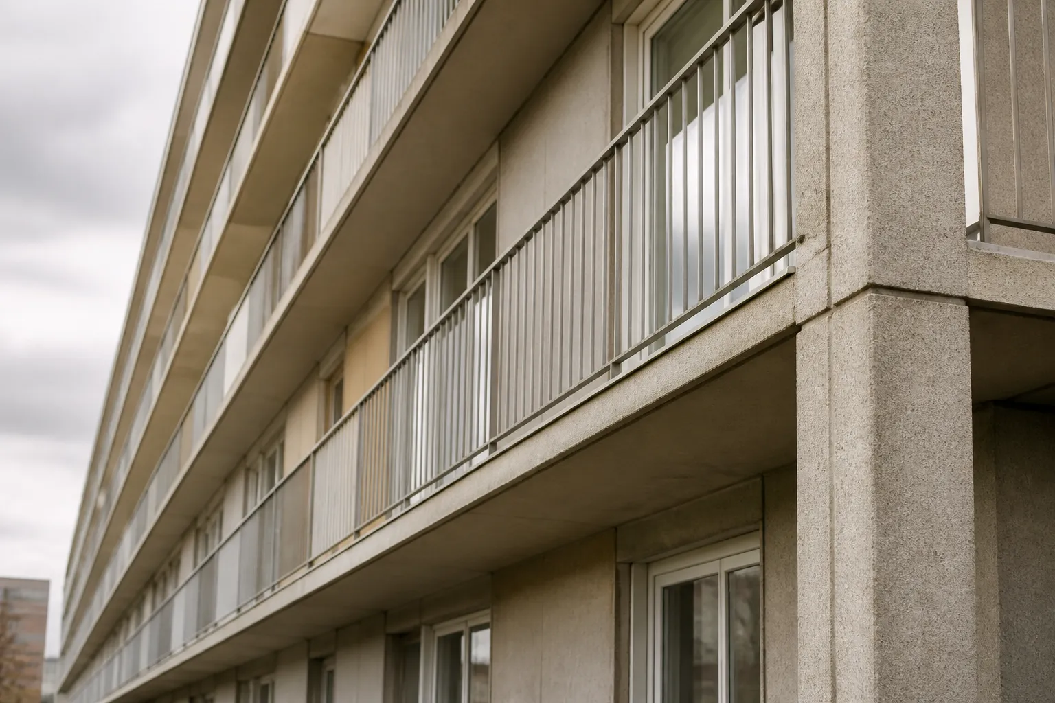Balcon filant continu d’un immeuble d’après-guerre vu de biais depuis la rue : le nez de dalle horizontal sort du nu de la façade sur toute la longueur, un poteau de béton marque l’angle