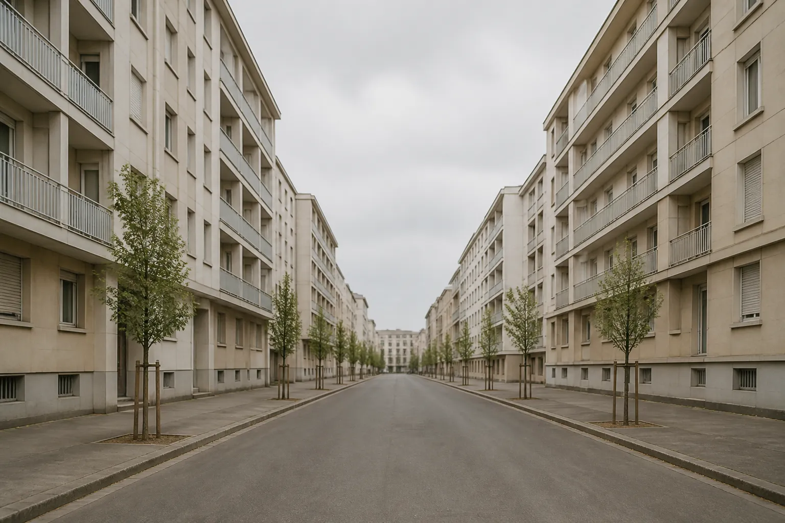 Rue d’un quartier d’habitation d’après-guerre : deux alignements d’immeubles collectifs en béton clair, trame de baies strictement régulière, balcons filants continus, jeunes arbres alignés sur le trottoir