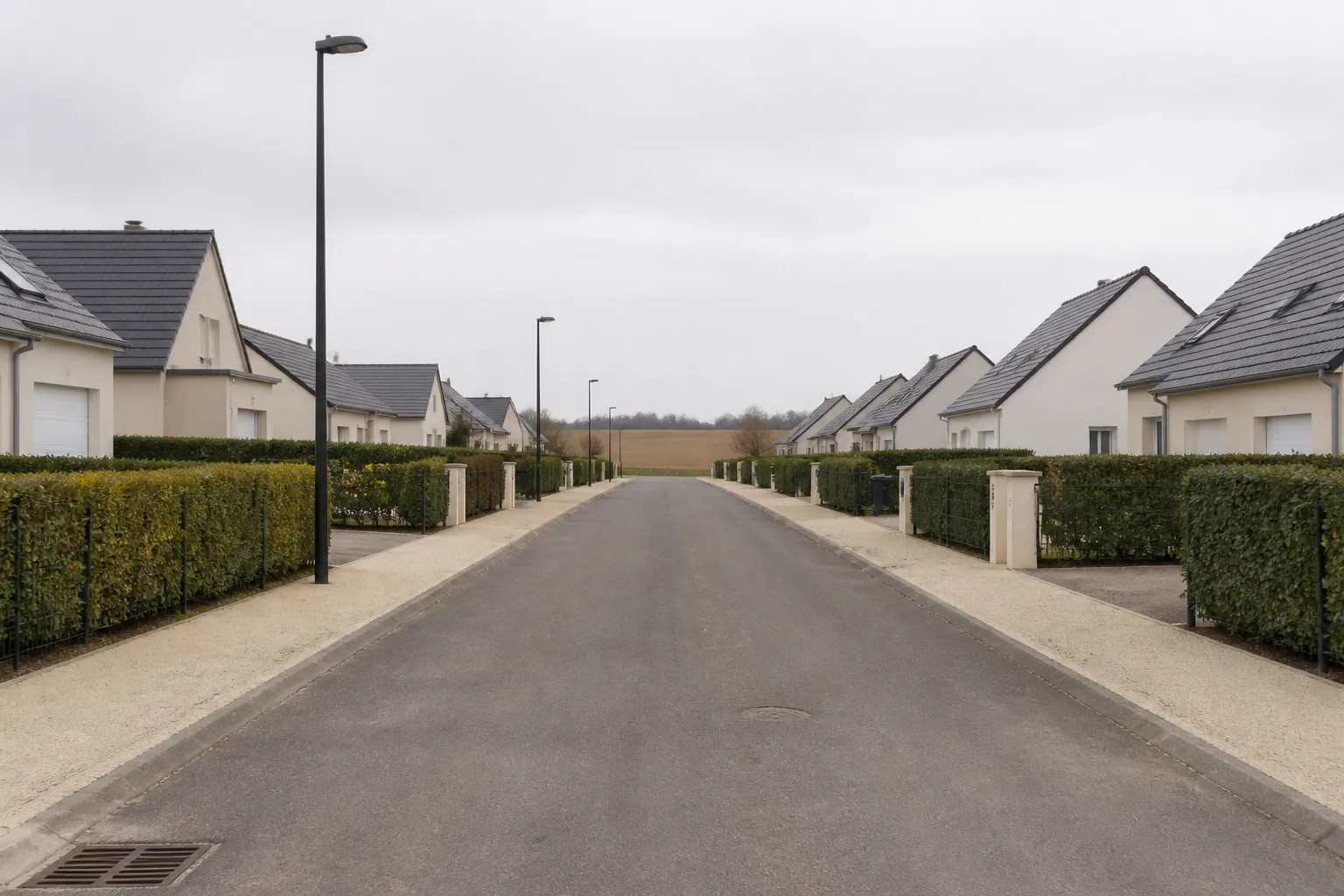 Rue résidentielle d’un village de plateau agricole : maisons individuelles récentes à enduits clairs, garages accolés, haies taillées et trottoirs neufs, horizon plat de champs cultivés au bout de la rue